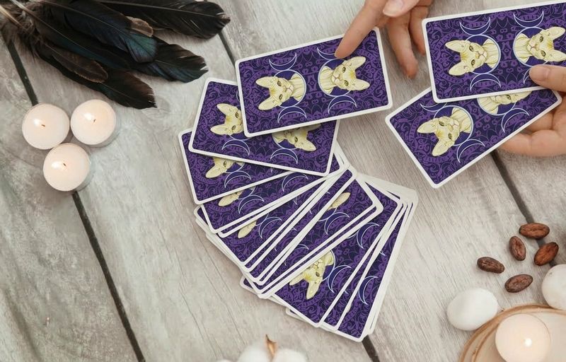 Cartas de tarot sobre una mesa de madera con velas y plumas
